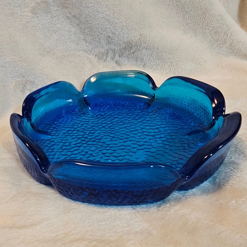 Vintage Blue Textured Glass Lotus Flower 7in Ashtray MCM Design